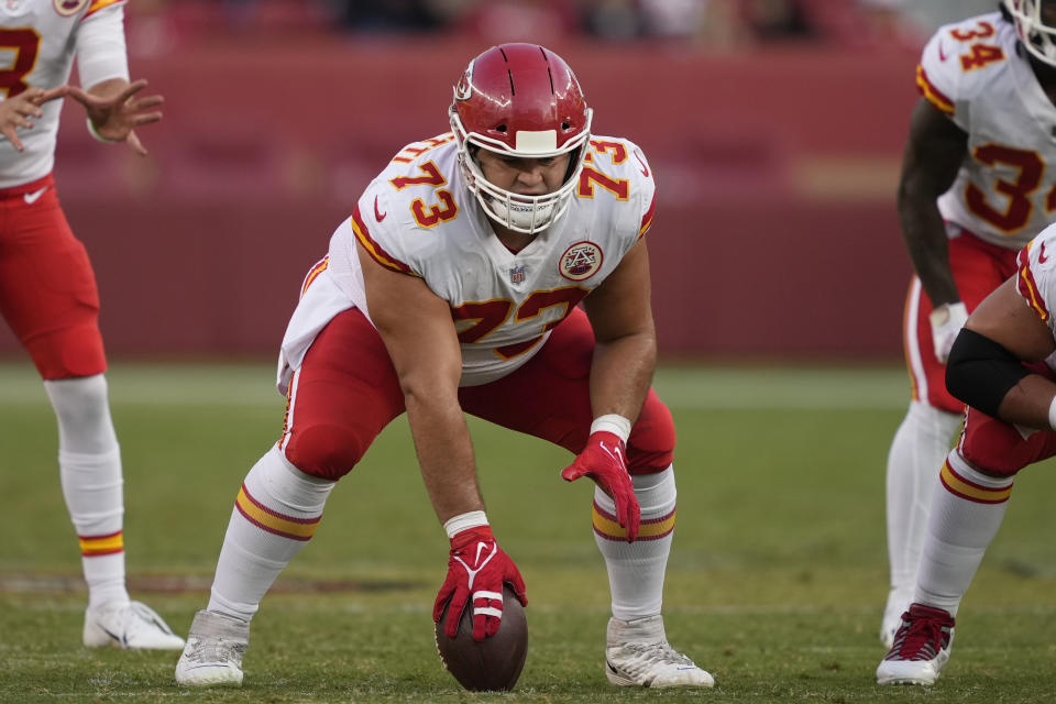 Kansas City Chiefs’ Nick Allegretti (73) against the San Francisco 49ers during an NFL preseason football game in Santa Clara, Calif., Saturday, Aug. 14, 2021. (AP Photo/Tony Avelar)