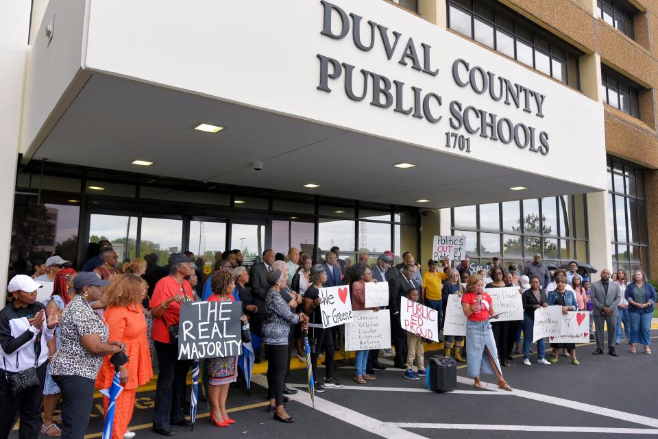 About 50 supporters of then-school superintendent Diana Greene gathered outside the Duval County School District office in April 2023 to decry what they saw as politicized efforts to remove her from her job.