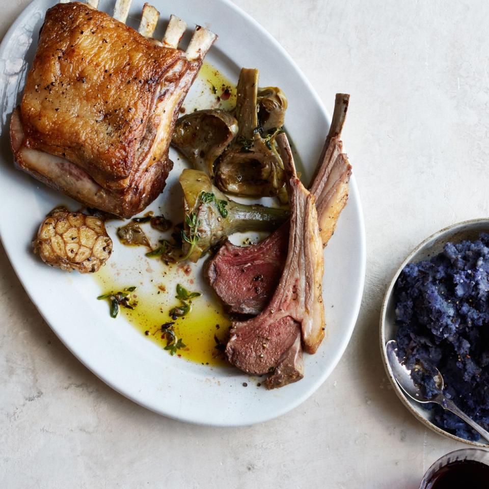 Rack of Lamb with Artichokes, Purple Potatoes and Licorice