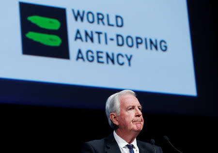 Craig Reedie, President of the World Anti Doping Agency (WADA) addresses the WADA Symposium in Ecublens, Switzerland, March 13, 2017. REUTERS/Denis Balibouse