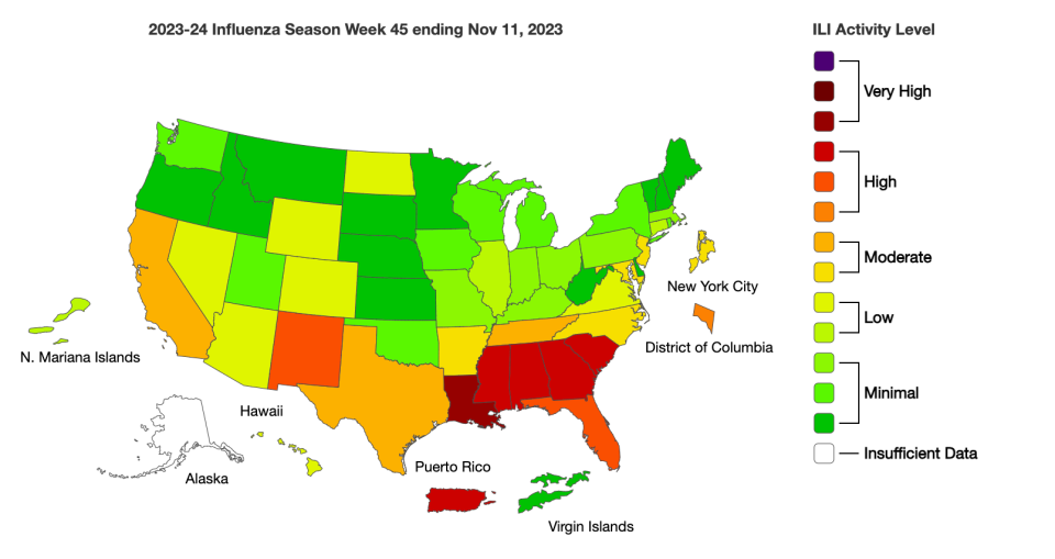 The latest CDC flu activity map in the U.S. from Nov. 11, 2023.