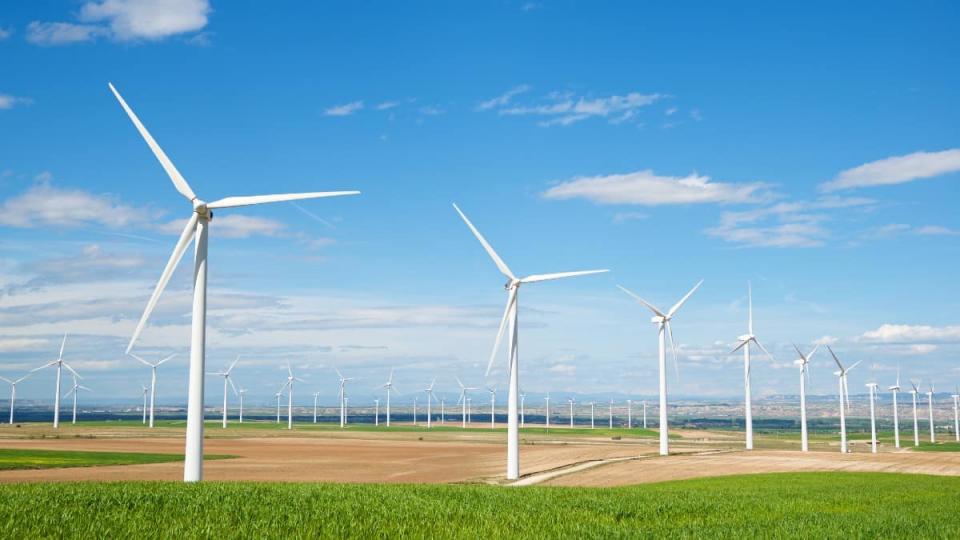 Windmills for electric power production.