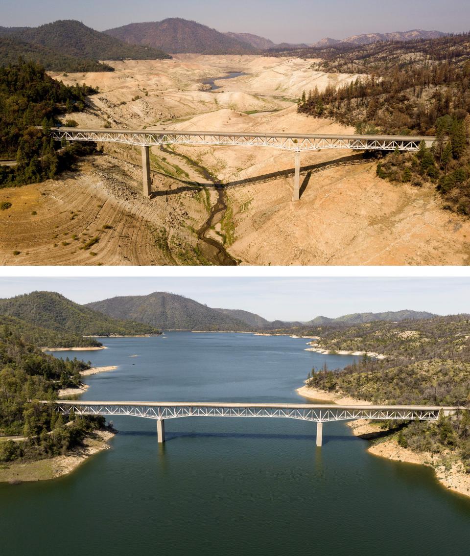 the Enterprise Bridge at Lake Oroville in Oroville, California on September 05, 2021 (top), and on April 16, 2023 (below).