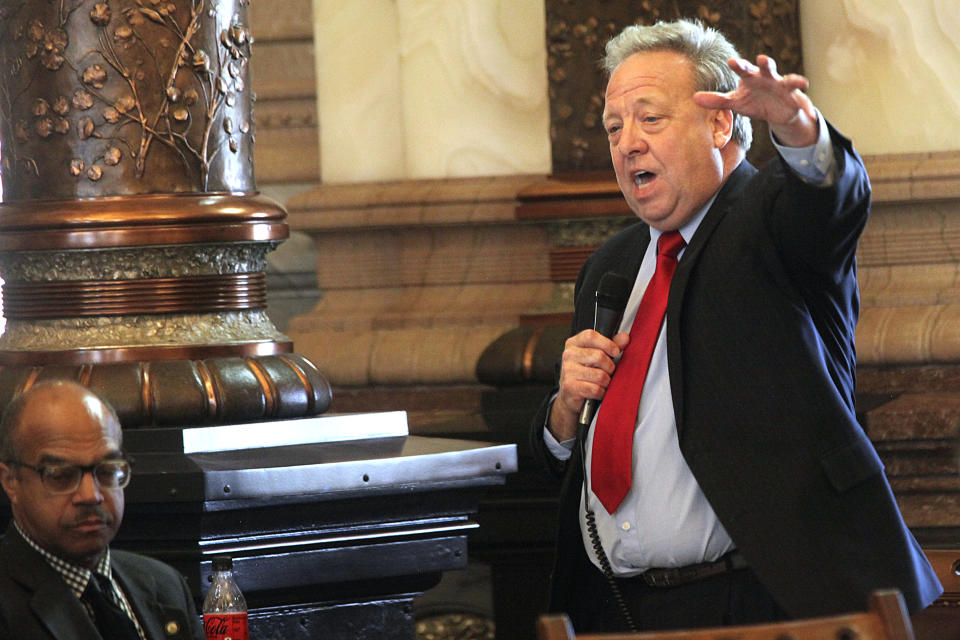 Kansas state Sen. Tom Holland, R-Baldwin City, criticizes a bill that would cut taxes by $1.4 billion over the next three years, during a debate, Thursday, April 4, 2024, at the Statehouse in Topeka, Kan. Holland does not think the bill provides enough property tax relief and believes its income tax cuts mainly help the rich. (AP Photo/John Hanna)