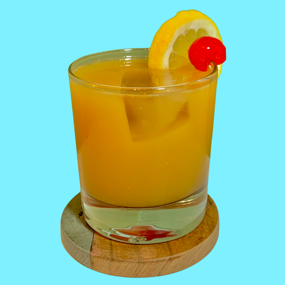 Ingredients:- 2 ounces bourbon- 1 ounce Grand Marnier- 1/2 cup orange juice- 1/2 lemon, juiced (about 2.5 tablespoons)- 1/2 ounce brown sugar simple syrup- 1/2 tsp maraschino cherry juice- 1–3 maraschino cherriesDirections:In a shaker, thoroughly mix the bourbon, Grand Marnier, orange juice, lemon juice, brown sugar simple syrup, and maraschino cherry juice with ice. Strain into a lowball glass over ice. Garnish with a lemon wedge and maraschino cherry.Comments: