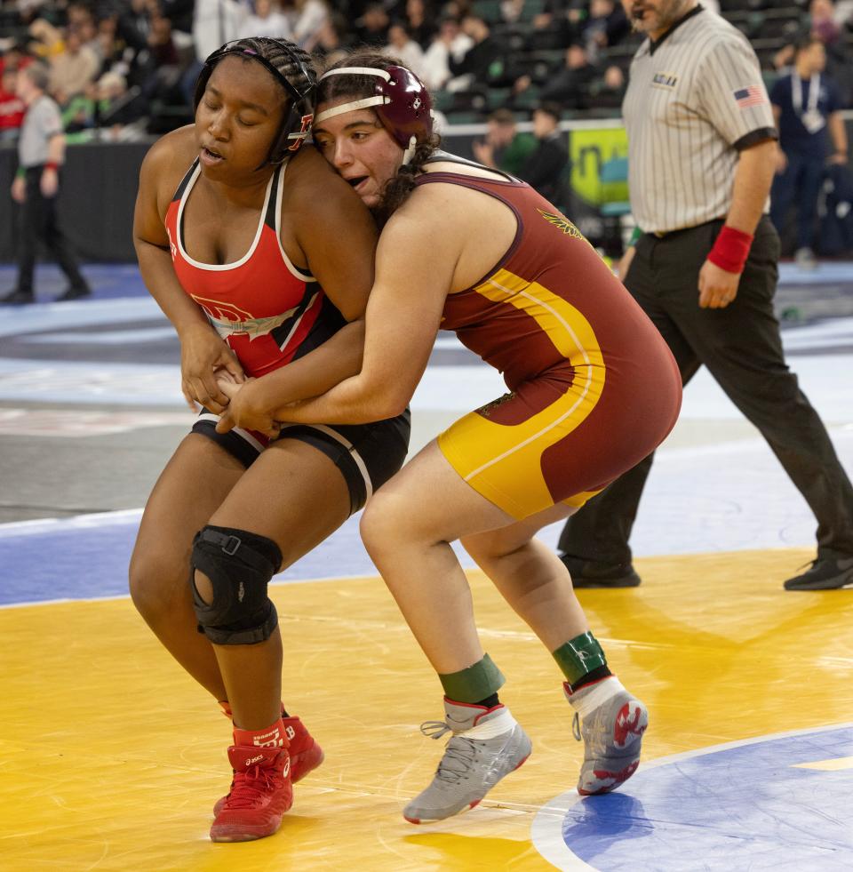 Central's Liliana Alicea (right) defeated Pennsauken's Mackenzie Hunter in a NJSIAA Girls Individual Championships 185-pound quarterfinal.