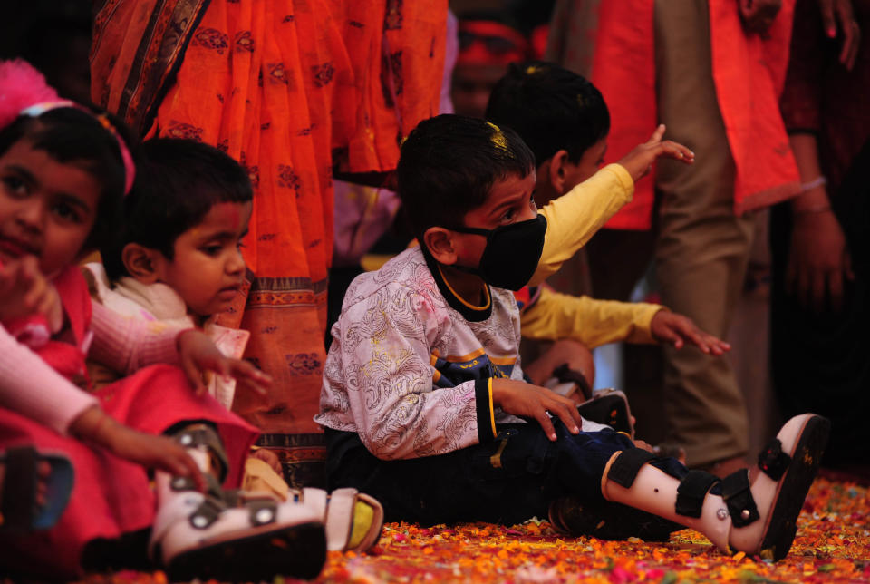 Children, suffering from Cerebral Palsy , take part in an event to celebrate the Hindu festival of Holi for the children with cerebral palsy , organised by The Trishla Foundation , in Allahabad on March 6,2020. (Photo by Ritesh Shukla/NurPhoto via Getty Images)