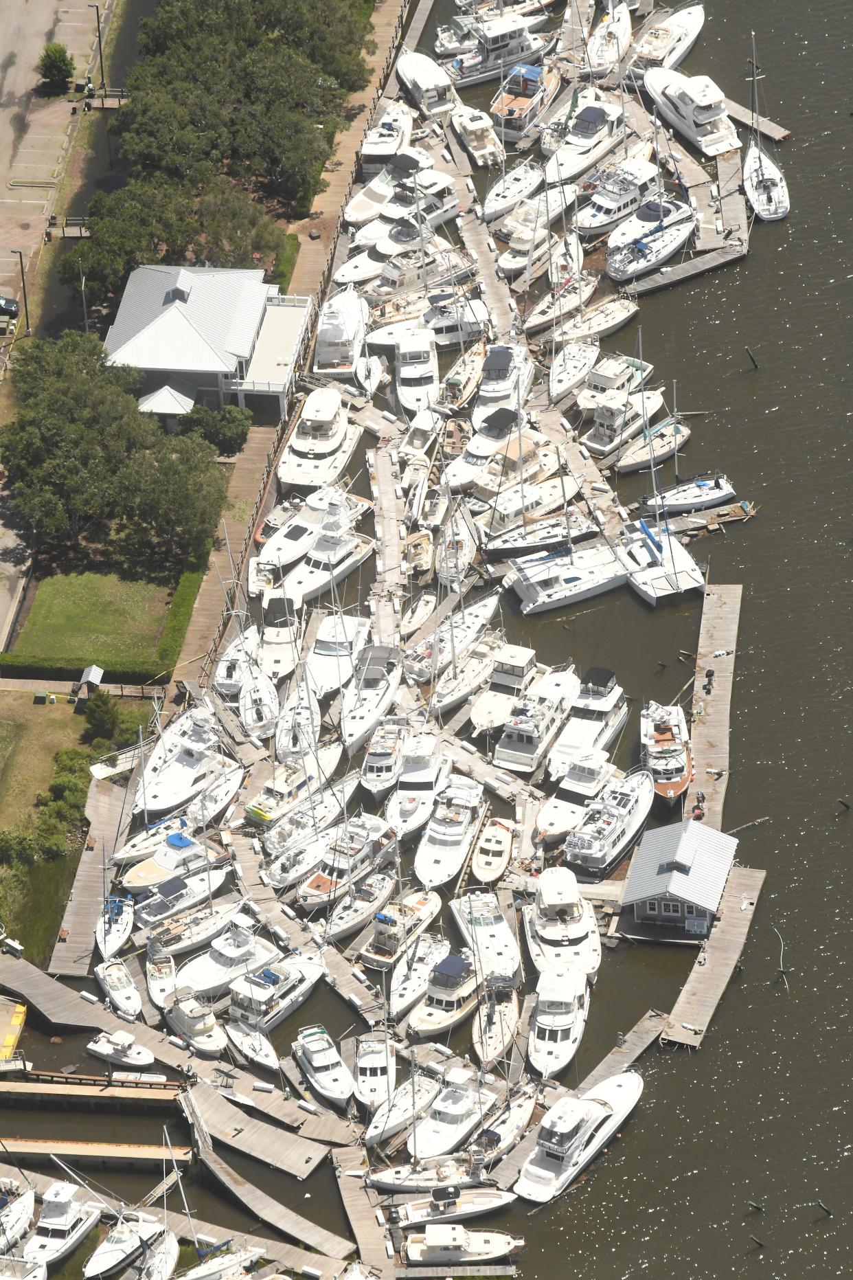 An aerial view of the boat wreckage at Southport Marina after Hurricane Isaias hit Southeastern North Carolina in August 2020.
