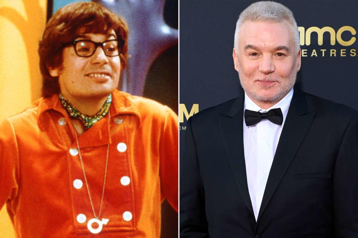 <p>K Wright/New Line/Kobal/Shutterstock; Jon Kopaloff/Getty</p> Mike Myers as Austin Powers (L) and in Los Angeles on April 27, 2024