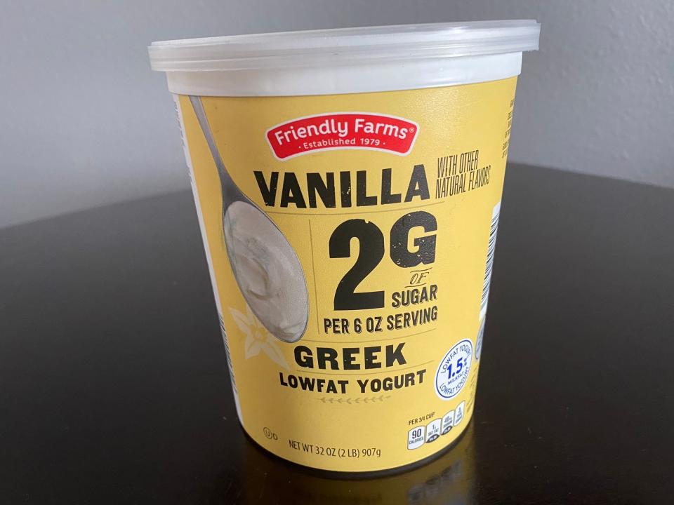Container of Friendly Farms vanilla Greek yogurt