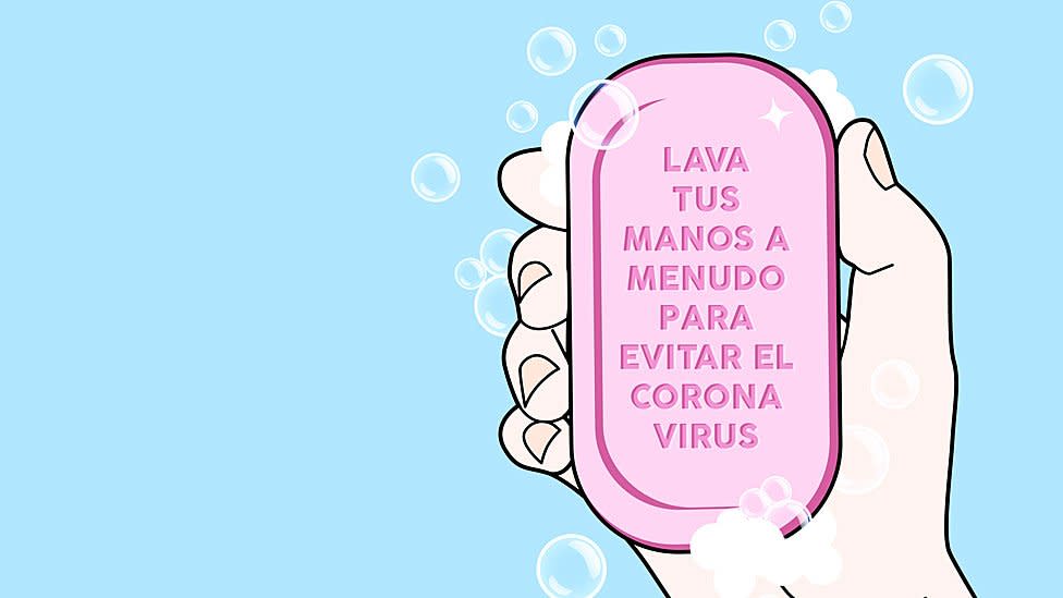 Dibujo de mano con jabón que dice: "Lava tus manos a menudo para evitar el coronavirus".