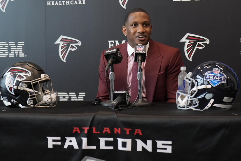 Atlanta Falcons first round draft choice quarterback Michael Penix Jr., speaks during a news conference Friday, April 26, 2024, in Flowery Branch, Ga. (AP Photo/John Bazemore)