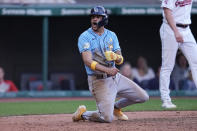 Tampa Bay Rays' Jose Siri celebrates after scoring in the eighth inning of a baseball game against the Cleveland Guardians, Sunday, Sept. 3, 2023, in Cleveland. (AP Photo/Sue Ogrocki)