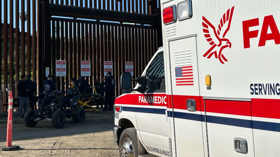 An ambulance arrived at a site along the California border with Mexico known as Whiskey 8 to assist a 27-year old man from Mauritania who fell from the border wall, according to a humanitarian aid worker. - Courtesy Adriana Jasso/AFSC