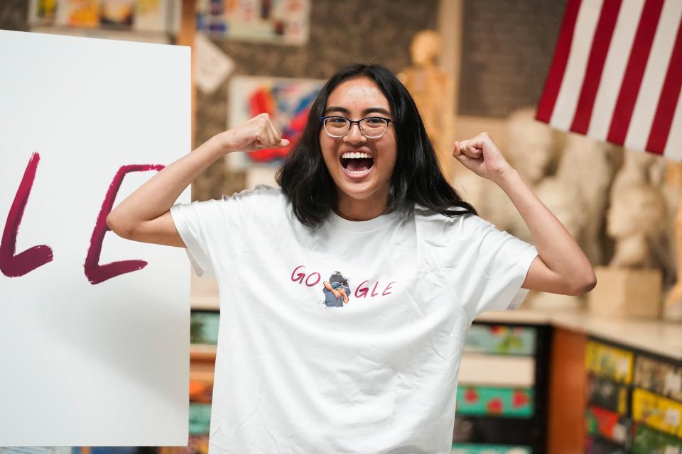 Junior Sophie Araque-Liu is surprised to learn of being named Florida's winner in the Doodle for Google competition Thursday, May 26, 2022, at Martin County High School in Stuart. Doodle for Google is an annual contest where K-12 students create their versions of the Google logo. A nominee is selected from each state and U.S. territory, and from those 54 nominees, one student's artwork is featured on the website's homepage for a day.   