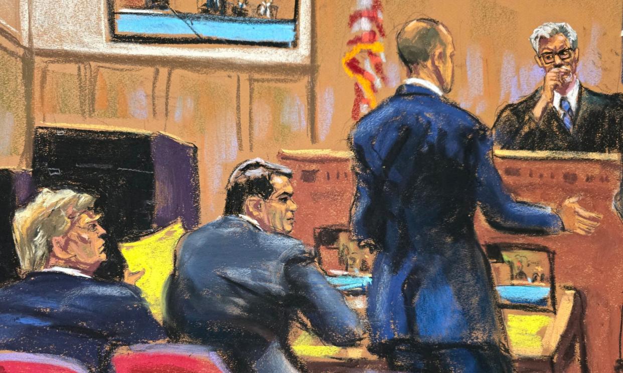 <span>Donald Trump attends a hearing with his defense lawyers before Justice Juan Merchan, in New York on 21 May 2024 in this courtroom sketch.</span><span>Photograph: Jane Rosenberg/Reuters</span>