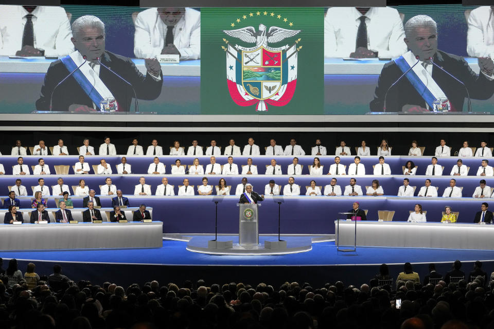 New Panamanian President Jose Raul Mulino gives a speech at his swearing-in ceremony at the Atlapa Convention Centre in Panama City, Monday, July 1, 2024. (AP Photo/Matias Delacroix)