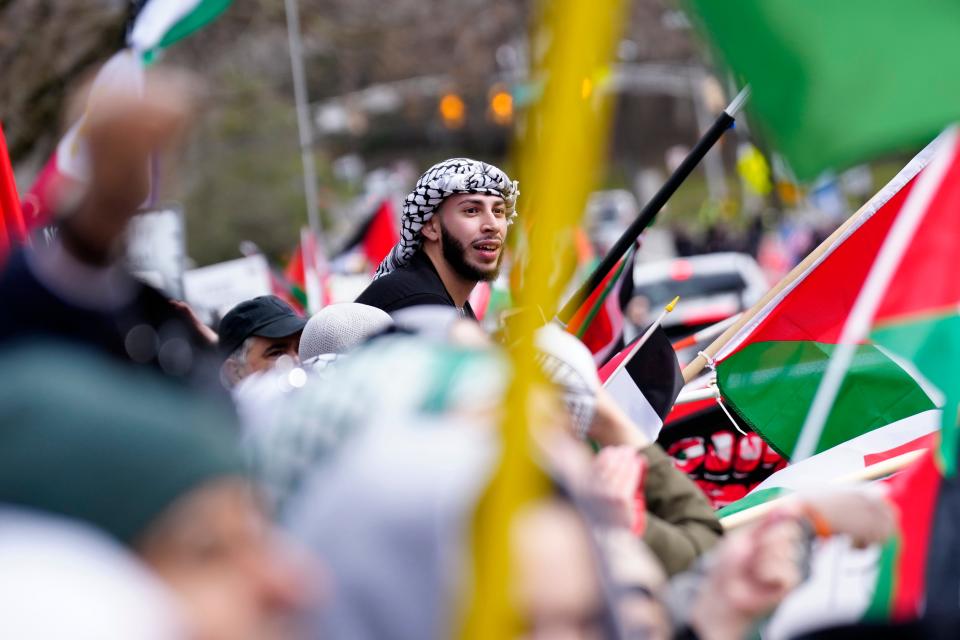 Thousands of protestors came to Roemer Ave. to protest a private meeting between Israeli real estate agents and potential investors. Protestors called the event the selling of stolen land. A representative for the synagogue said no laws were being broken, Sunday, March 10, 2024, in Teaneck