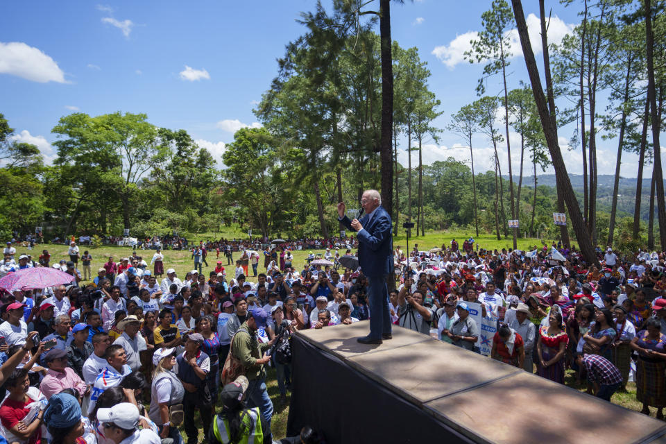 Edmond Mulet, presidential candidate of the Cabal party, speaks during a campaign rally in San Juan Sacatepequez, Guatemala, Sunday, June 18, 2023. Guatemalans go to the polls on June 25. (AP Photo/Moises Castillo)