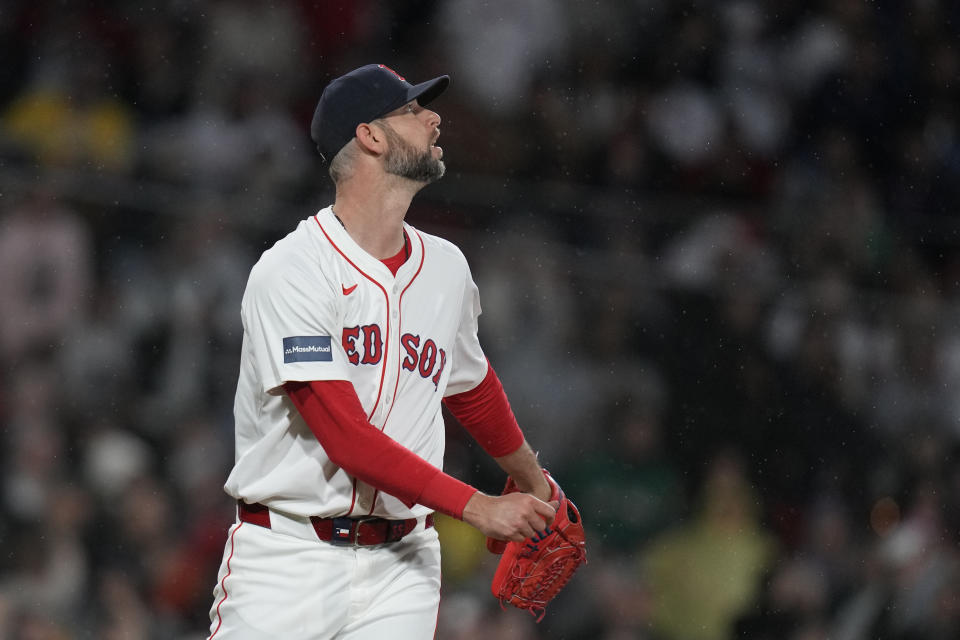 Boston Red Sox pitcher Chris Martin (55) watches the flight of the ball on a three-run home run by Baltimore Orioles' Jordan Westburg during the seventh inning of a baseball game, Wednesday, April 10, 2024, in Boston. (AP Photo/Charles Krupa)