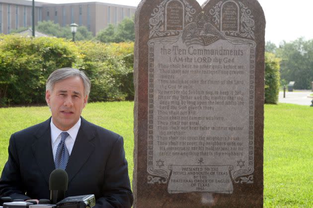 In 2005, Greg Abbott, then the attorney general of Texas, attends a news conference celebrating a U.S. Supreme Court decision to allow a Ten Commandments monument to stand outside the state Capitol. The court upheld having the monument on government land but drew the line on displays in courthouses, saying they violated the separation of church and state.