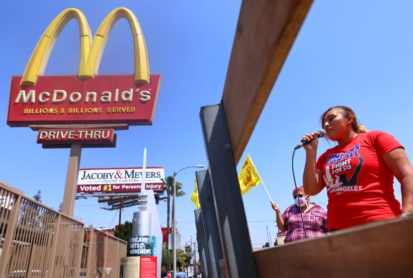 LOS ANGELES, CALIFORNIA - APRIL 16: McDonald's employee Nidia Torres speaks at a rally of fast food workers and supporters for passage of AB 257, a fast-food worker health and safety bill, on April 16, 2021 in the Boyle Heights neighborhood of Los Angeles, California. The rally was held outside of a McDonald's location where a worker lodged public health complaints and a wage theft complaint. Some fast food workers are on strike in Los Angeles County today in support of the bill. (Photo by Mario Tama/Getty Images)