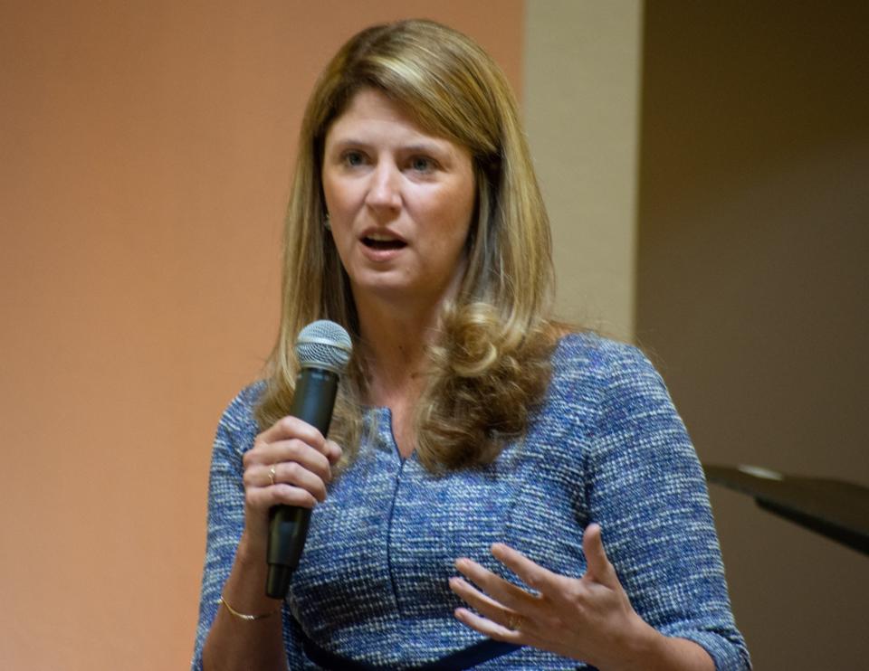 Carly Gammill, director of the StandWithUs Center for Combating Antisemitism during a discussion about modern antisemitism at Temple Isaiah in Palm Springs, Calif., Jan. 27, 2023.