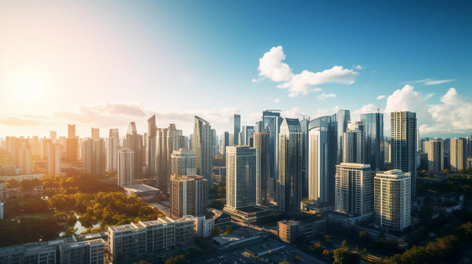 Aerial view of a city skyline, where you can see the real estate developments of the company.