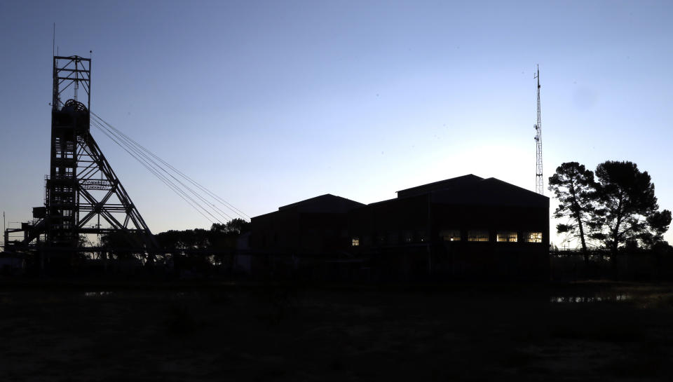 FILE - A closed-down goldmine shaft is shown on May 18, 2016 in Welkom, South Africa. South Africa's overall mining profits slipped by more than $5 billion in the last financial year, while the country that was once the world's largest gold producer might have less than 30 years of a viable gold industry left without renewed investment, according to a report by big four auditing firm PwC on Tuesday, Oct. 3, 2023. (AP Photo/Themba Hadebe, File)