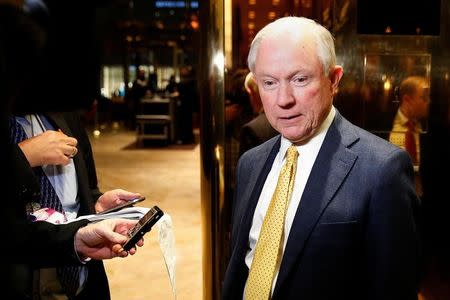 Senator Jeff Sessions (R-AL) arrives in the lobby of Republican president-elect Donald Trump's Trump Tower in New York, New York, U.S. November 14, 2016. REUTERS/Carlo Allegri