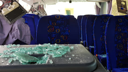 The inside of damaged bus is seen at the site of a blast near a new museum being built close to the Giza pyramids in Cairo, Egypt May 19, 2019. REUTERS/Ahmed Fahmy