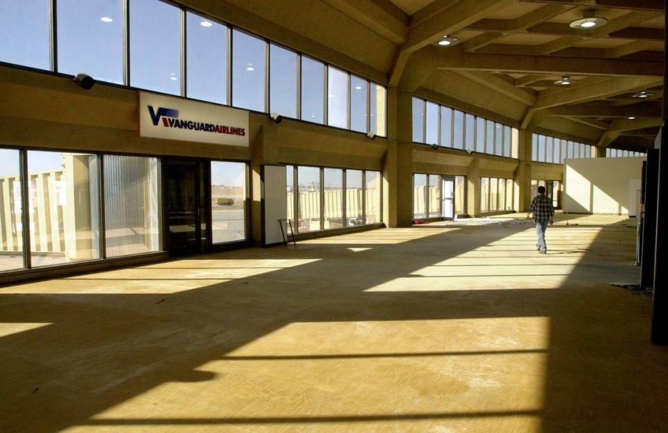 In 2003 the Vanguard Airlines boarding area at Kansas City International Airport had been stripped of everything but its sign after the Kansas City based carrier went out of business.