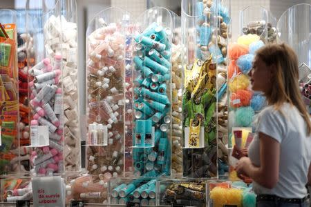 Beauty products and healthcare goods are displayed in a new beauty store "...le drugstore parisien" by French supermarket retailer Casino and beauty products group L'Oreal in Paris, France, June 22, 2018. REUTERS/Benoit Tessier