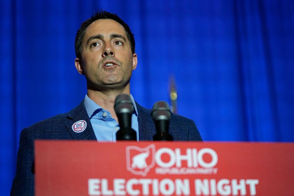 Nov 8, 2022; Columbus, Ohio, USA;  Ohio Secretary of State Frank LaRose speasks during an election night party for Republican candidates for statewide offices at the Renaissance Hotel in downtown Columbus. Mandatory Credit: Adam Cairns-The Columbus Dispatch