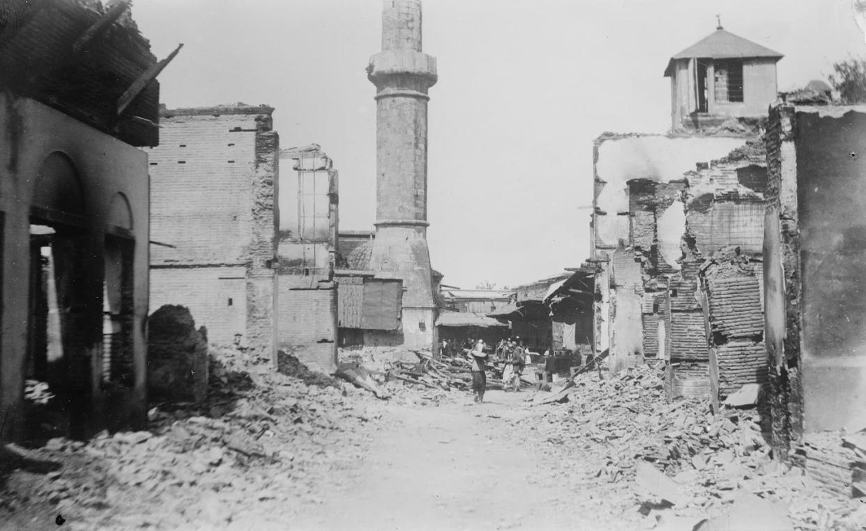 A minaret from which Turks fired upon Christians in 1909 in Adana stands amid the town's ruins. <a href="https://www.loc.gov/item/2014696599" rel="nofollow noopener" target="_blank" data-ylk="slk:Bain News Service via Library of Congress;elm:context_link;itc:0;sec:content-canvas" class="link ">Bain News Service via Library of Congress</a>