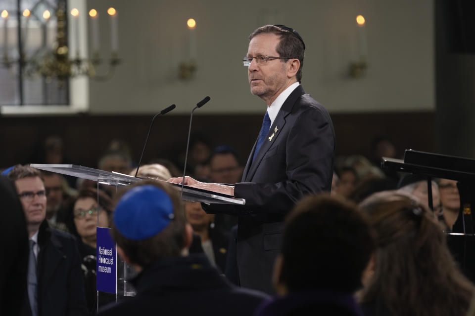 Israel's President Isaac Herzog speaks at the Portuguese Synagogue during a ceremony marking the opening of the new National Holocaust Museum in Amsterdam, Netherlands, Sunday, March 10, 2024. (AP Photo/Peter Dejong, Pool)