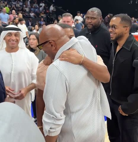 <p>NBA/Instagram</p> Michael B. Jordan and Steve Harvey captured during their hug.