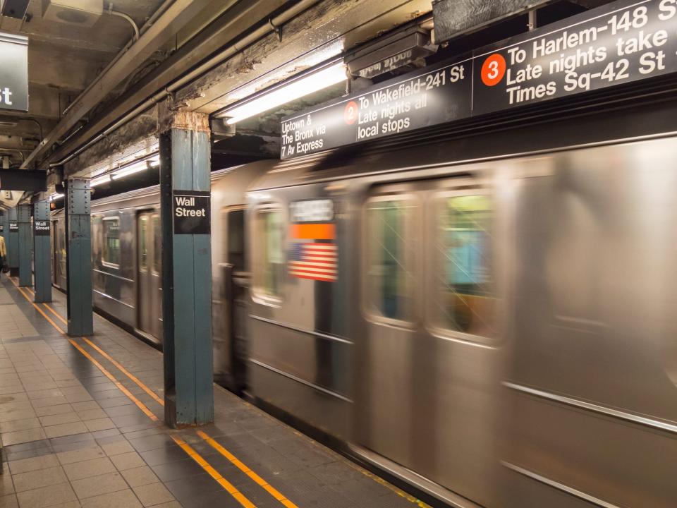 Photo of a subway car in Wall Street Subway station in New York
