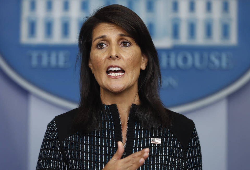 FILE - U.S. Ambassador to the United Nations Nikki Haley speaks during a news briefing at the White House, in Washington, Sept. 15, 2017. (AP Photo/Carolyn Kaster, File)