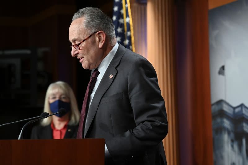 U.S. Senate Majority Leader Chuck Schumer (D-NY) speaks at a news conference at the U.S. Capitol