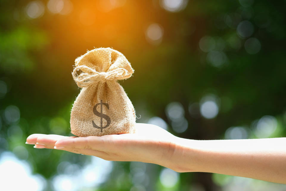 Hand of a woman carrying a purse money .concept saving money and investment concept