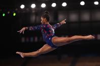 <p>USA's Jordan Chiles competes in the artistic gymnastics balance beam event of the women's qualification during the Tokyo 2020 Olympic Games at the Ariake Gymnastics Centre in Tokyo on July 25, 2021. (Photo by Loic VENANCE / AFP) (Photo by LOIC VENANCE/AFP via Getty Images)</p> 