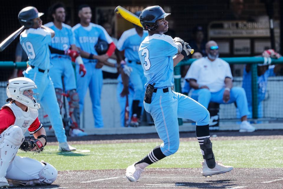 Detroit Edison center fielder Greg Pace (3) triples against Orchard Lake St. Mary's during the first inning at The Corner Ballpark at Michigan and Trumbull in Detroit on Friday, May 13, 2022.