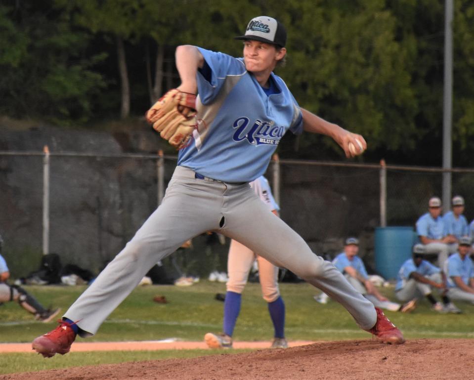 Holden de Jong started the 2023 PGCBL opener for the Utica Blue Sox Thursday and threw 3 1/3 scoreless innings against the Mohawk Valley DiamondDawgs in Little Falls.