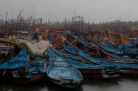 Fishery Boats parked in Dhamra area of Bhadrak district, 160 km away from the eastern Indian state Odisha's capital city as the Cyclone 'Amphan' cross the Bay of Bengal Sea's eastern coast making devastation on the cyclonic weather wind and rain and make landfall on the boarder of West Bengal and Bangladesh on May 20, 2020. (Photo by STR/NurPhoto via Getty Images)