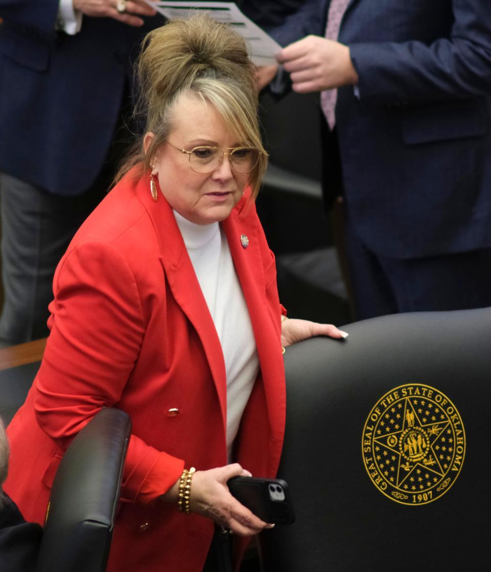 Rep. Sherrie Conley, R-Newcastle, is shown in February 2023 during a legislative session in the House of Representatives at the Oklahoma Capitol.