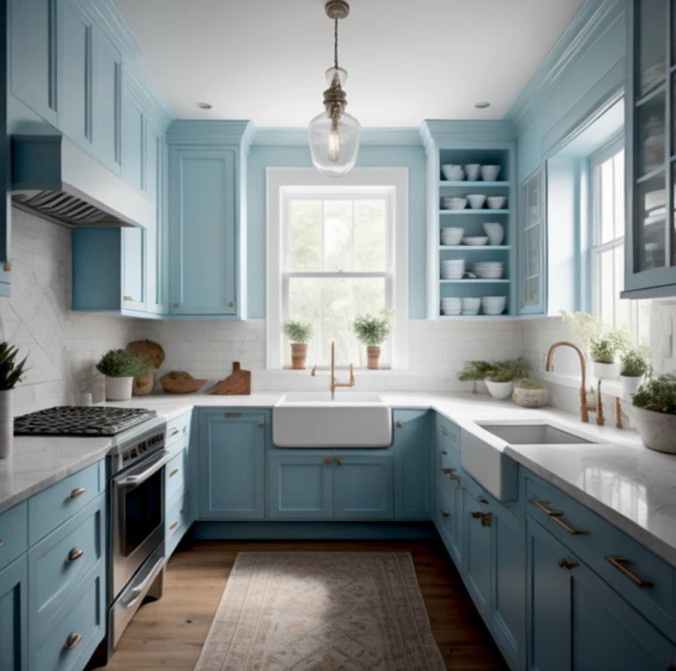 Kitchen in Thermal paint color and modern appliances. 