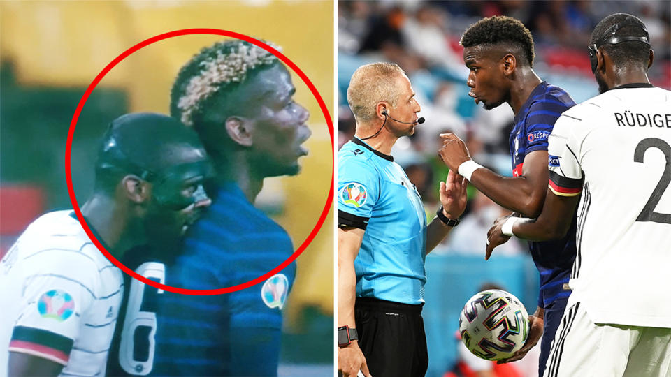 Antonio Rudiger (pictured left) allegedly took a bite of Paul Pogba before Pogba (pictured right) complained to the referee.