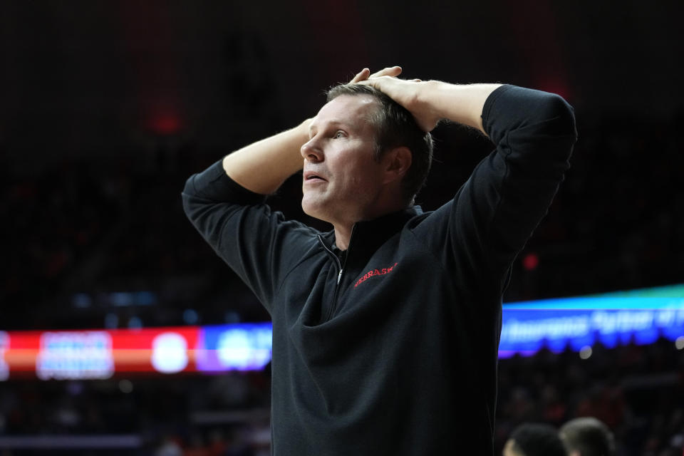 Nebraska head coach Fred Hoiberg reacts after his son Sam committed a foul late during overtime in an NCAA college basketball game against Illinois Sunday, Feb. 4, 2024, in Champaign, Ill. Illinois won 87-84. (AP Photo/Charles Rex Arbogast)