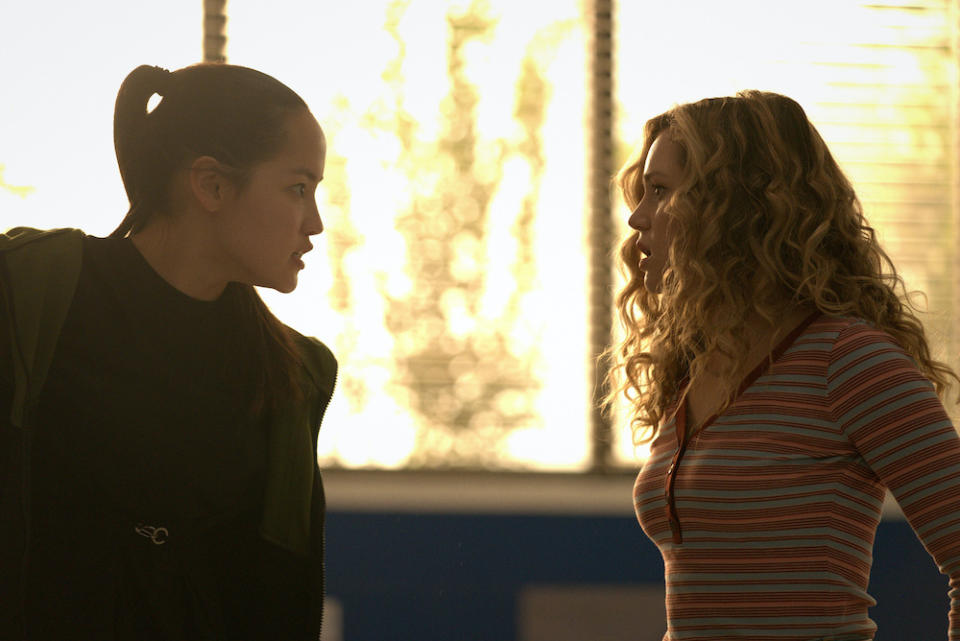 Artemis Crock (Stella Smith) and Courtney Whitmore (Brec Bassinger) face off in Stargirl. (Still: Warner TV)